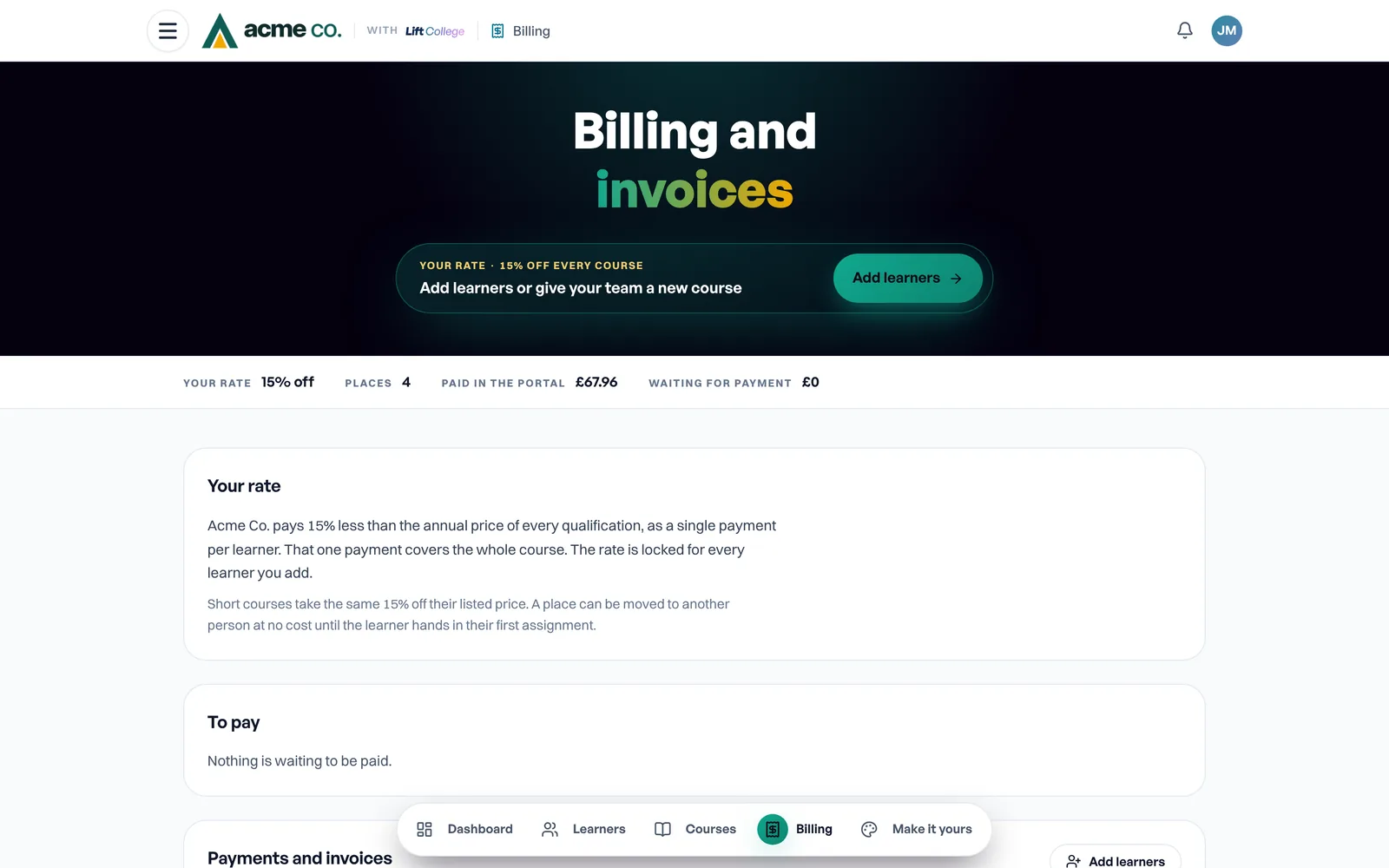 Billing in the organisation account, shown for the example company Acme Co.