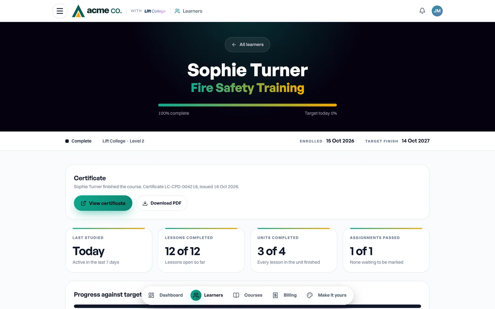 One learner in the organisation account, shown for the example company Acme Co.