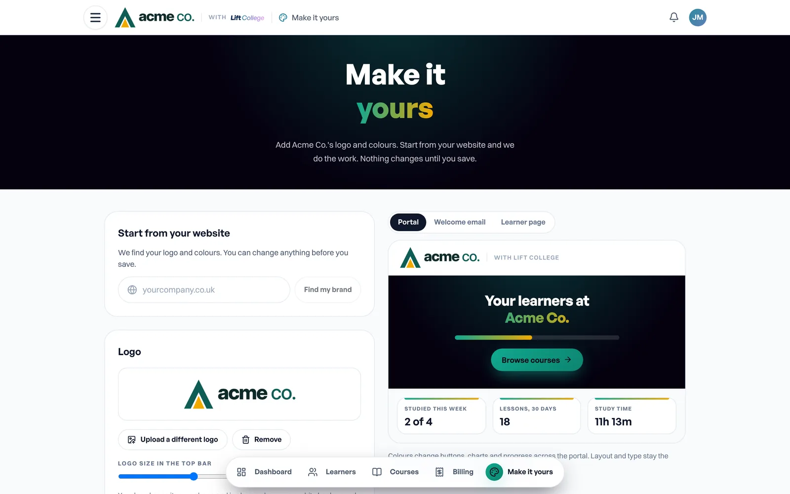 Your branding in the organisation account, shown for the example company Acme Co.