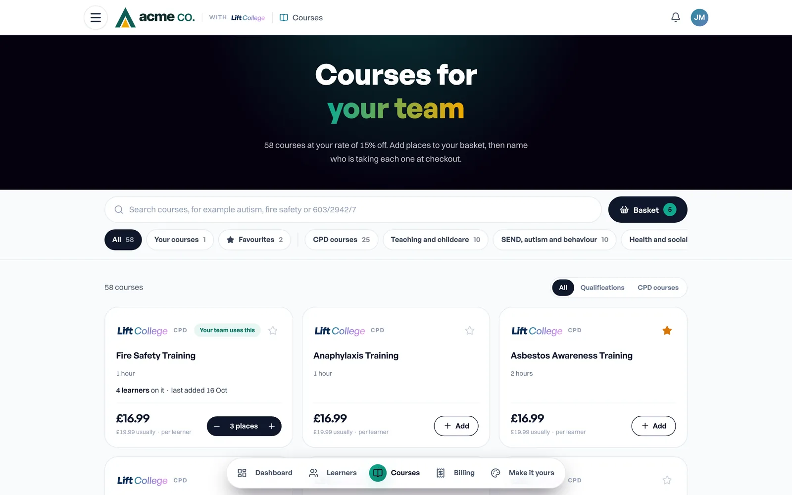 Course shop in the organisation account, shown for the example company Acme Co.