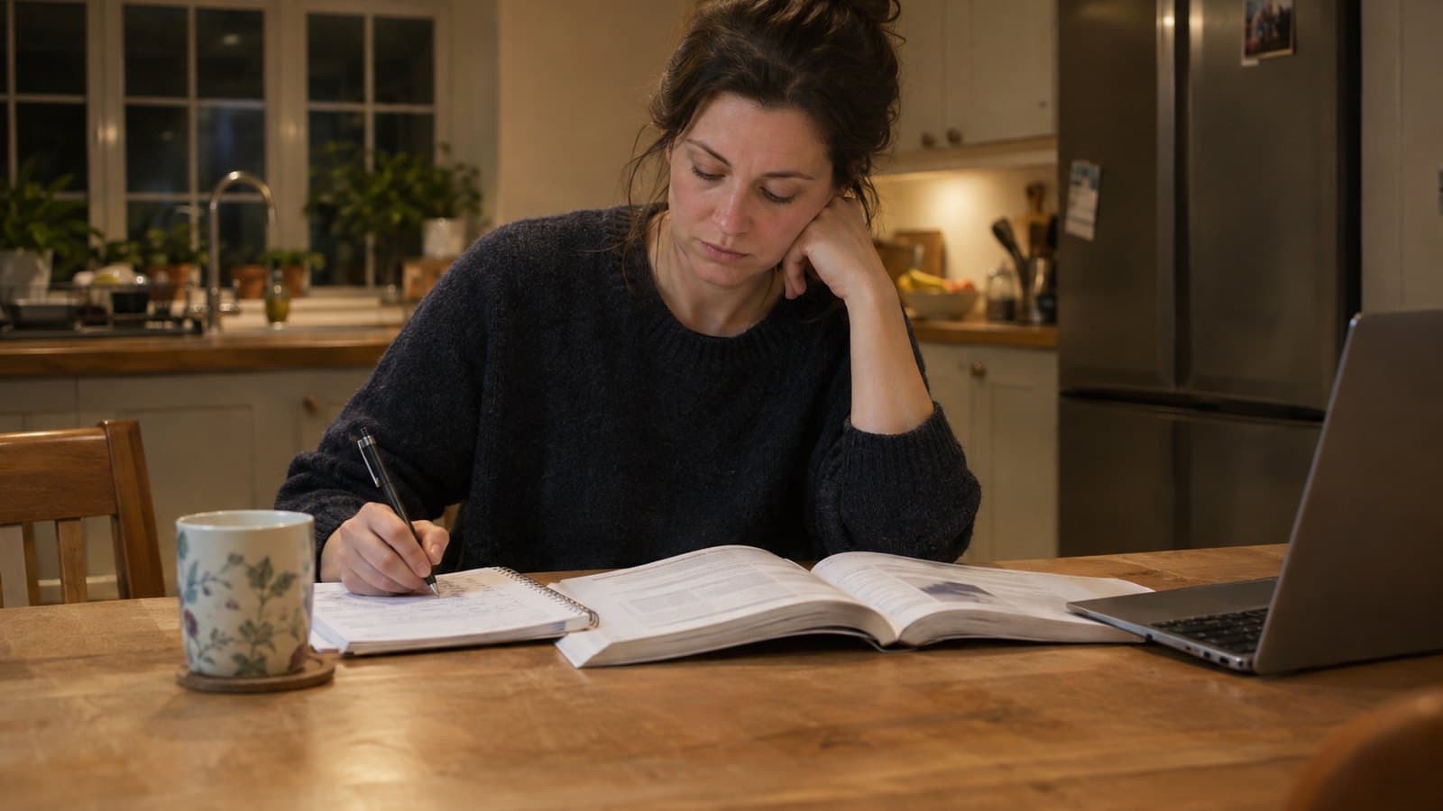 An adult studying at a kitchen table in the evening with a textbook, notepad and laptop