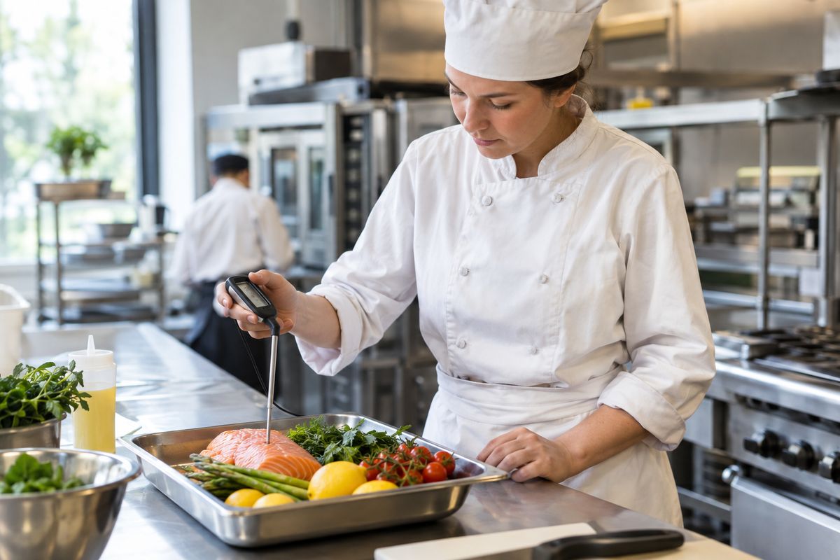 A chef checking the temperature of food in a commercial kitchen
