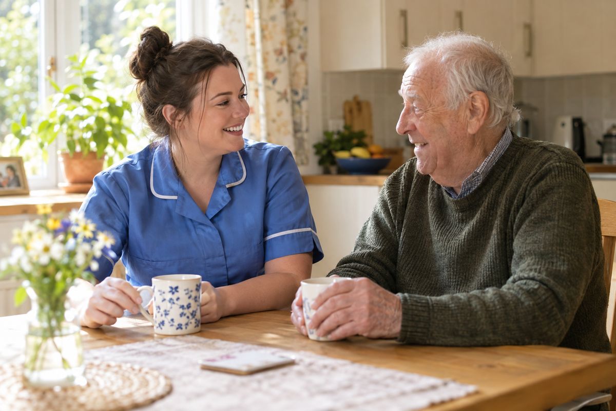 A care worker and an older adult talking over a cup of tea