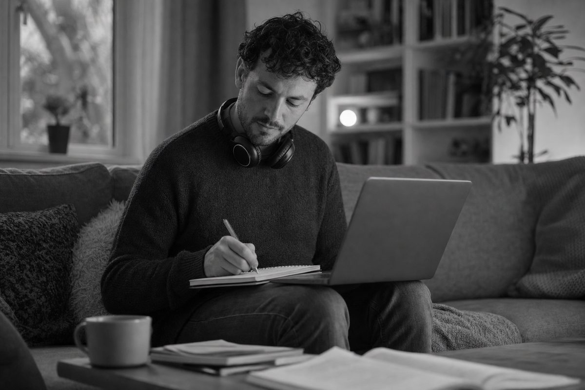 Adult learner studying online from home with laptop and notebook