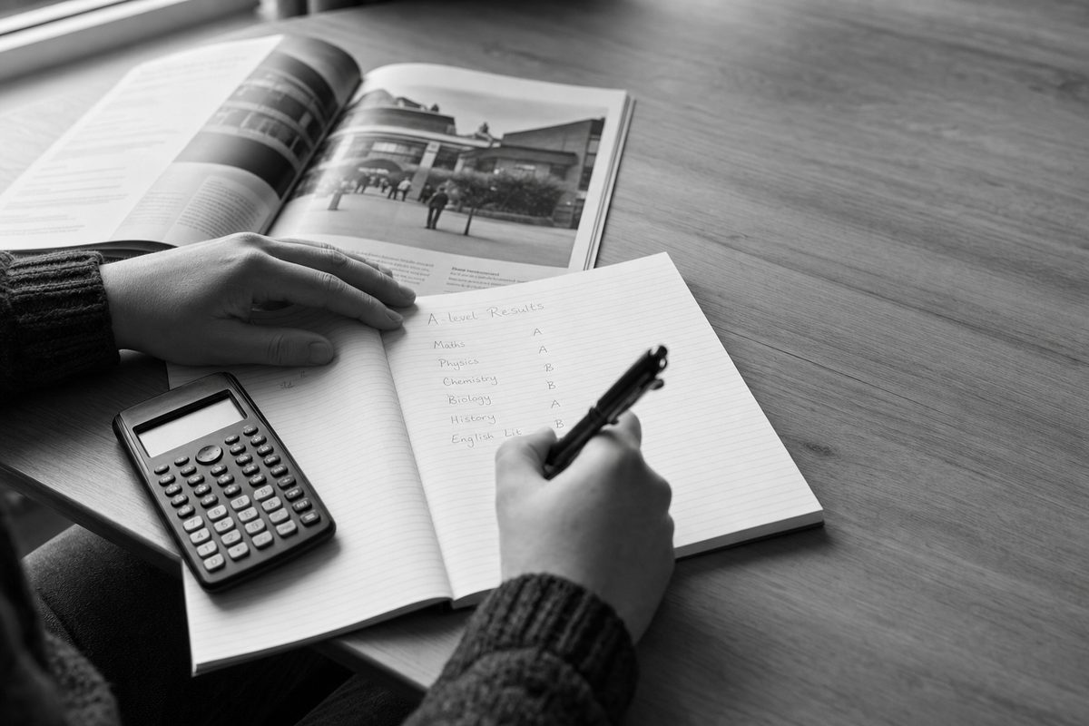 A UCAS application form and a UK university prospectus on a desk