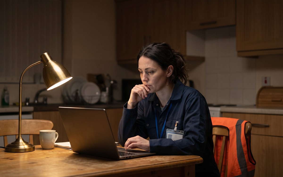 An adult in work clothes studies at a kitchen table at night under a desk lamp, with a high-visibility vest on the chair.