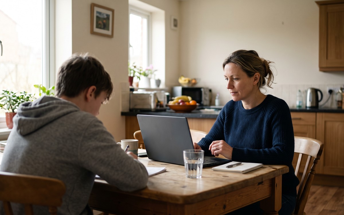 A parent studies on a laptop at a bright kitchen table while a teenager writes in a notebook, seen from behind.