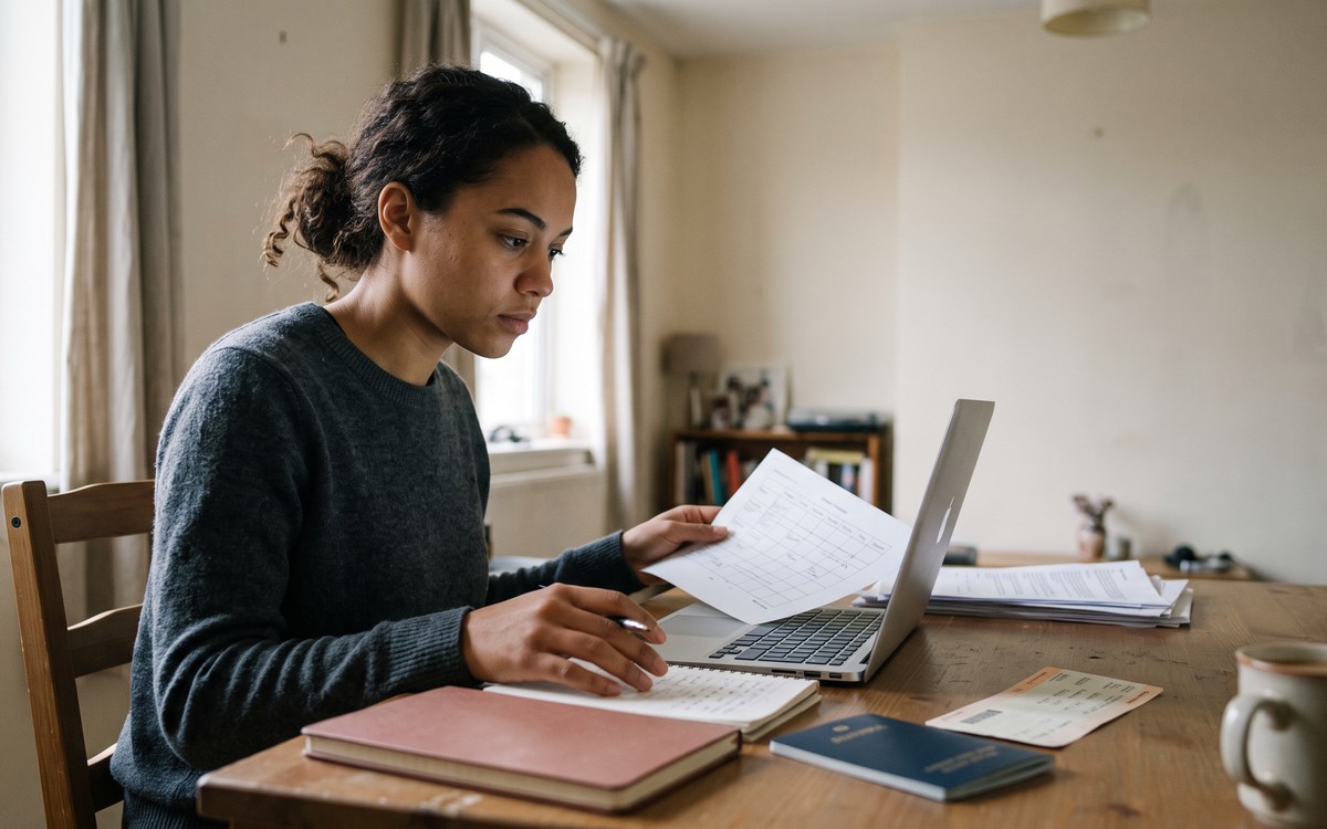 A young adult at a table with a laptop, notebook, passport and travel ticket, reviewing a printed timetable.